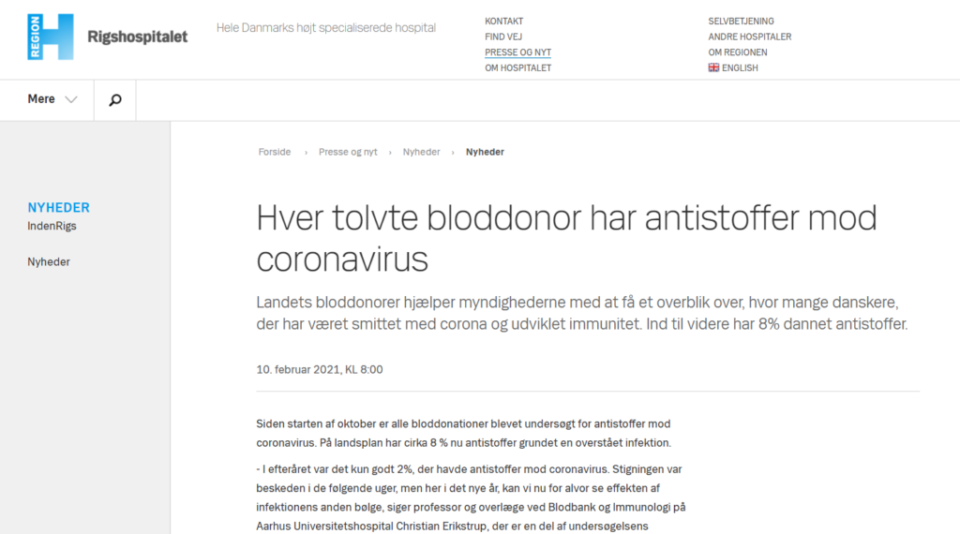 Foto: screenshot & kredit: Rigshospitalet, 10.02.2021. <https://www.rigshospitalet.dk/presse-og-nyt/nyheder/nyheder/Sider/2021/februar/hver-tolvte-bloddonor-har-antistoffer-mod-coronavirus.aspx>