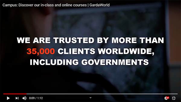 Foto: Screenshot & credit: GardaWorld - YouTube: ”Campus: Discover our in-class and online courses | GardaWorld”. 13.09.2019.  https://www.youtube.com/watch?v=Ggx9BdnMogM