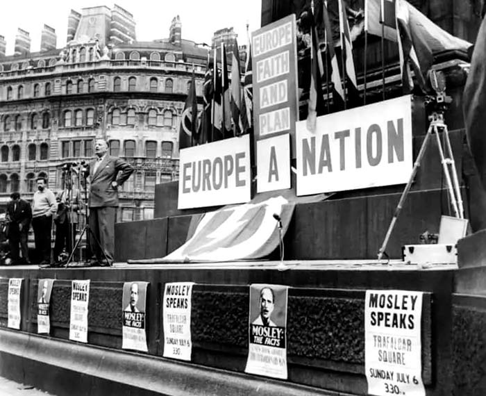 Foto: European Social Movement (ESB) blev etableret som en neofascistisk alliance på europæisk plan i 1951, der sigtede mod en europæisk nation, som var stærkt påvirket af den britiske fascist Oswald Mosleys unionsbevægelse. Hjørnestenen i Mosleys unionsbevægelse var hans politik benævnt “Europa En Nation”. Screenshot & credit <https://www.oswaldmosley.com/the-idea-of-europe/>