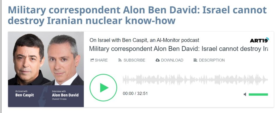 ”Militærkorrespondent Alon Ben David (til højre) siger, at Israel sidder i en gryde med vand, der langsomt bliver opvarmet”. Foto:Screenshot & credit <https://www.al-monitor.com/podcasts/military-correspondent-alon-ben-david-israel-cannot-destroy-iranian-nuclear-know-how>